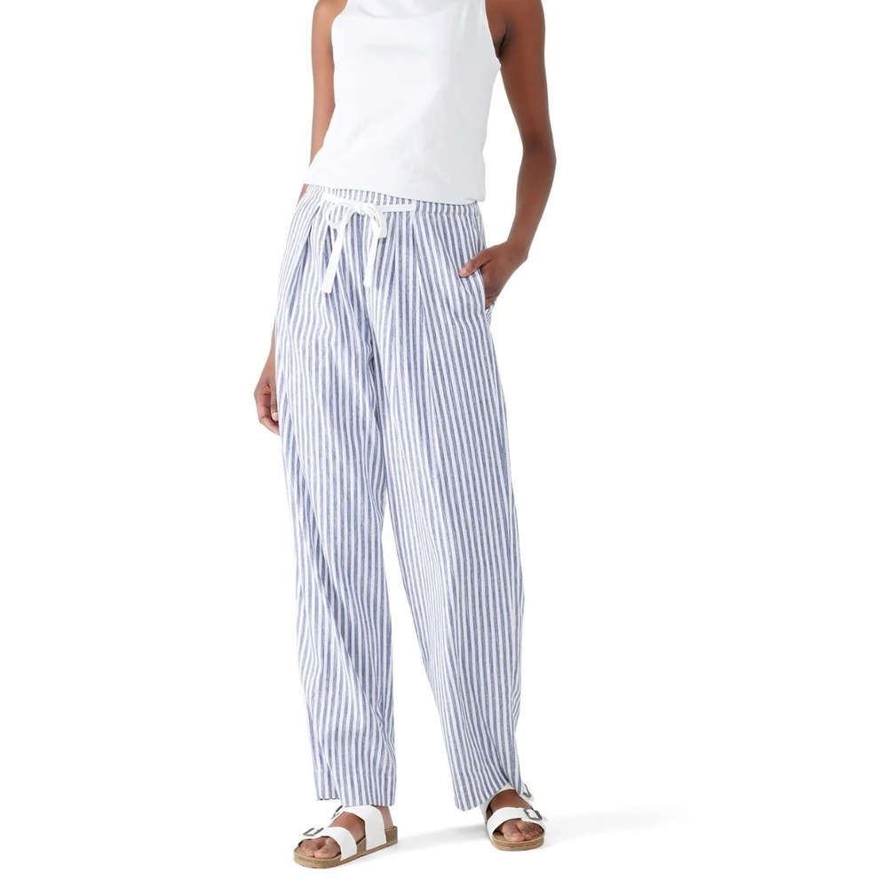 Vince Striped Pull-On Pants Small Blue White Cotton Blend Casual Vacation